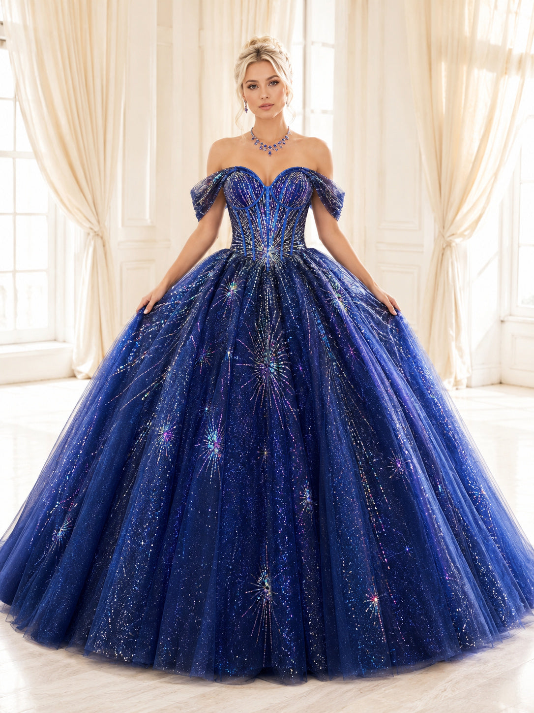 Royal Blue Luxury Off Shoulder Holographic Star Glitter Quinceanera Princess Ball Gown front view