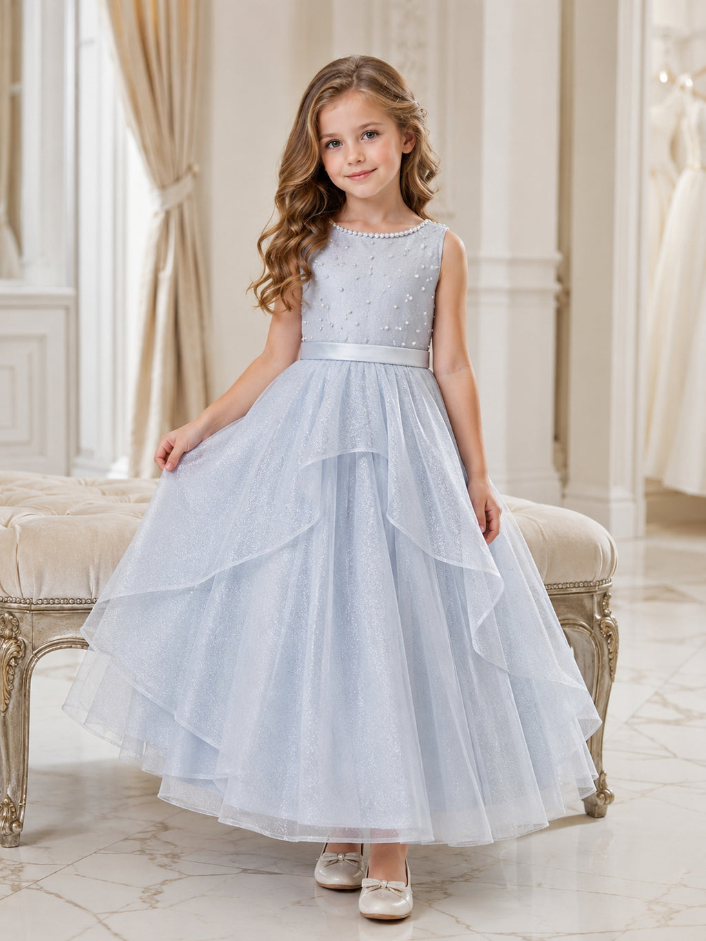 A-Line Sky Blue Tulle Flower Girl Dress Jewel Neckline Tea-length and Tiered Tulle Ruffle Detail front view