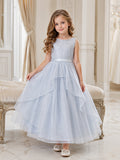 A-Line Sky Blue Tulle Flower Girl Dress Jewel Neckline Tea-length and Tiered Tulle Ruffle Detail front view