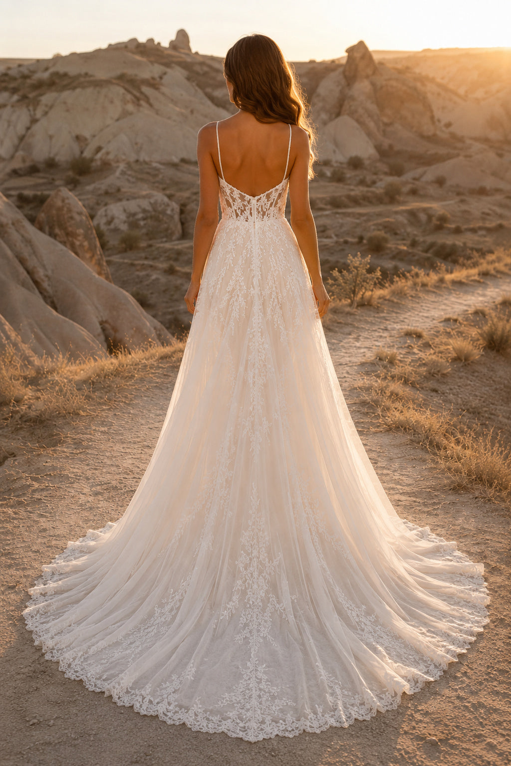 Ivory Sexy Spaghetti Neck A-Line Soft Tulle Wedding Dress with Spaghetti Straps and Sweep Train Style MG_701388 back view