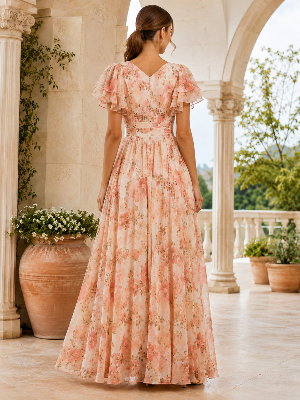 Coral Floral Flutter Sleeve Chiffon Resort Maxi Dress back view