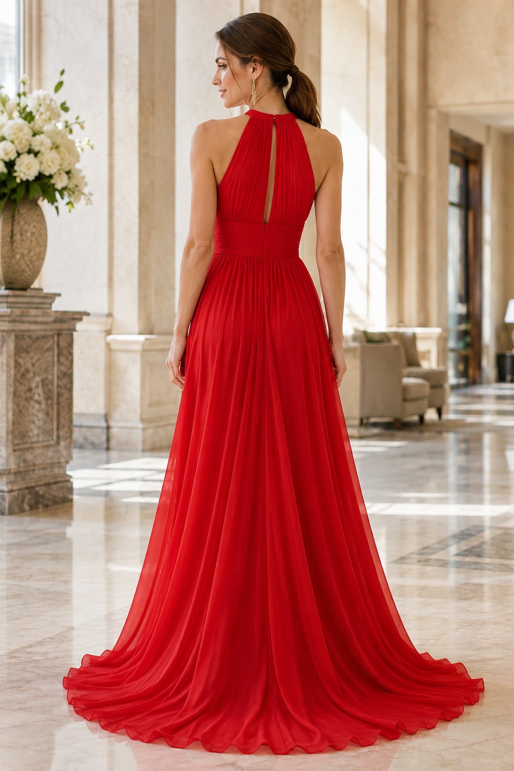 Red Halter Chiffon A-Line Formal Dress with Keyhole Back back view