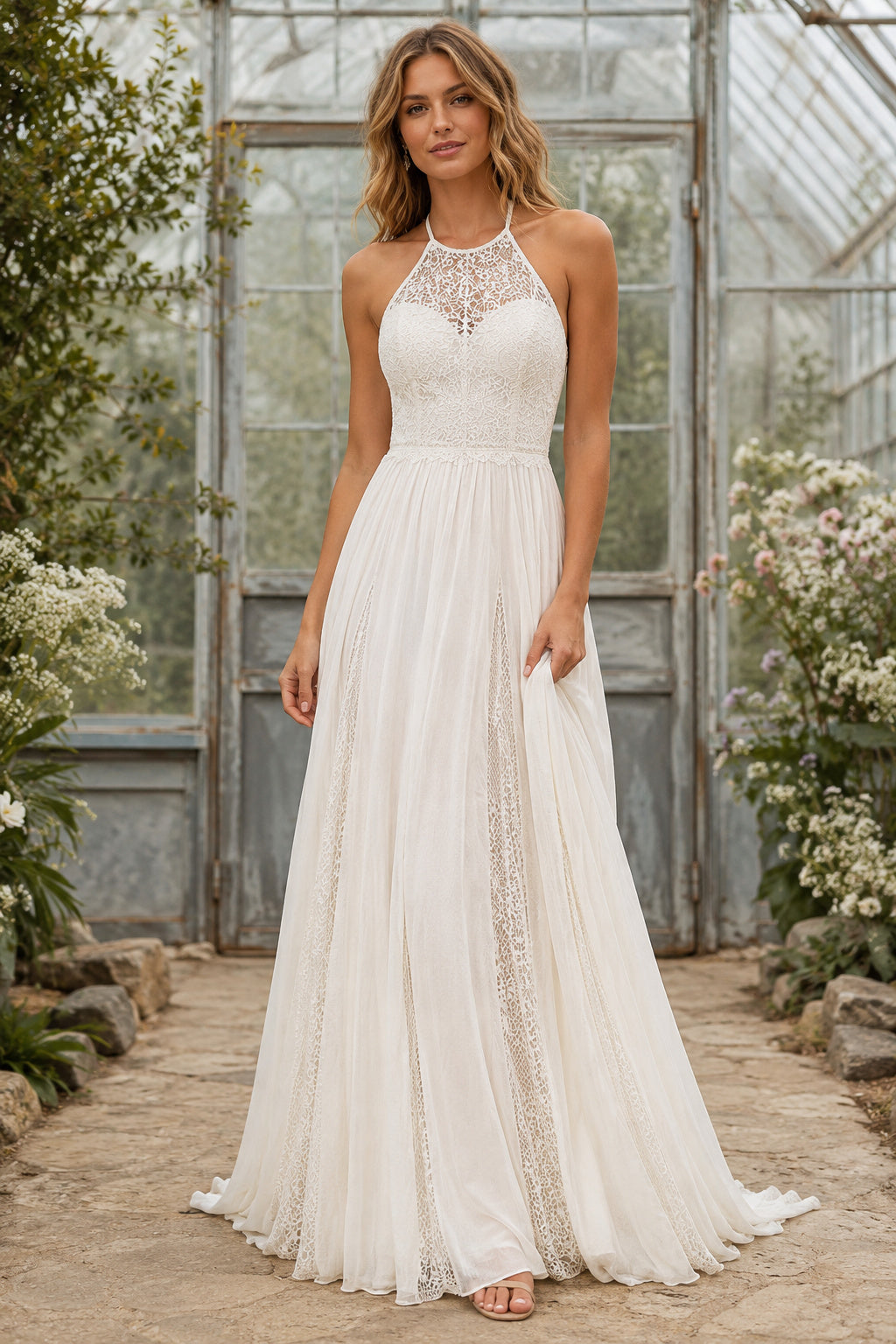 Halter High Neck A-Line Wedding Dress with Lace Back and Flowing Chiffon Train for Beach Garden Ceremony front view