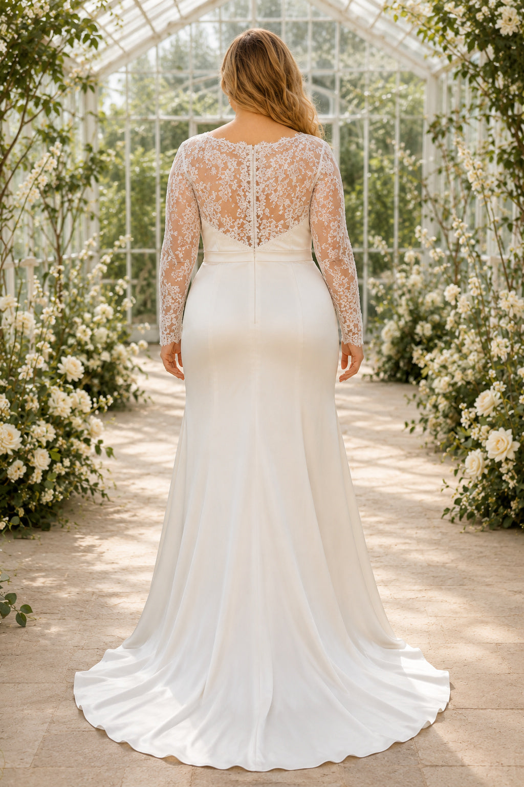 Plus Size Ivory Long Sleeve Lace Bodice Sheath Wedding Dress back view