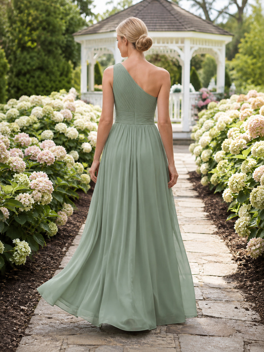 Sage Romantic Garden A-Line Chiffon Bridesmaid Dress with Sleeveless One-Shoulder Bodice, Pleated Floor-Length Skirt and Low