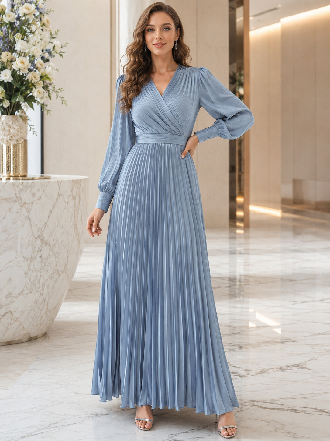 Steel Blue V Neck Long Poet Sleeve Chiffon Floor Guest Dress front view