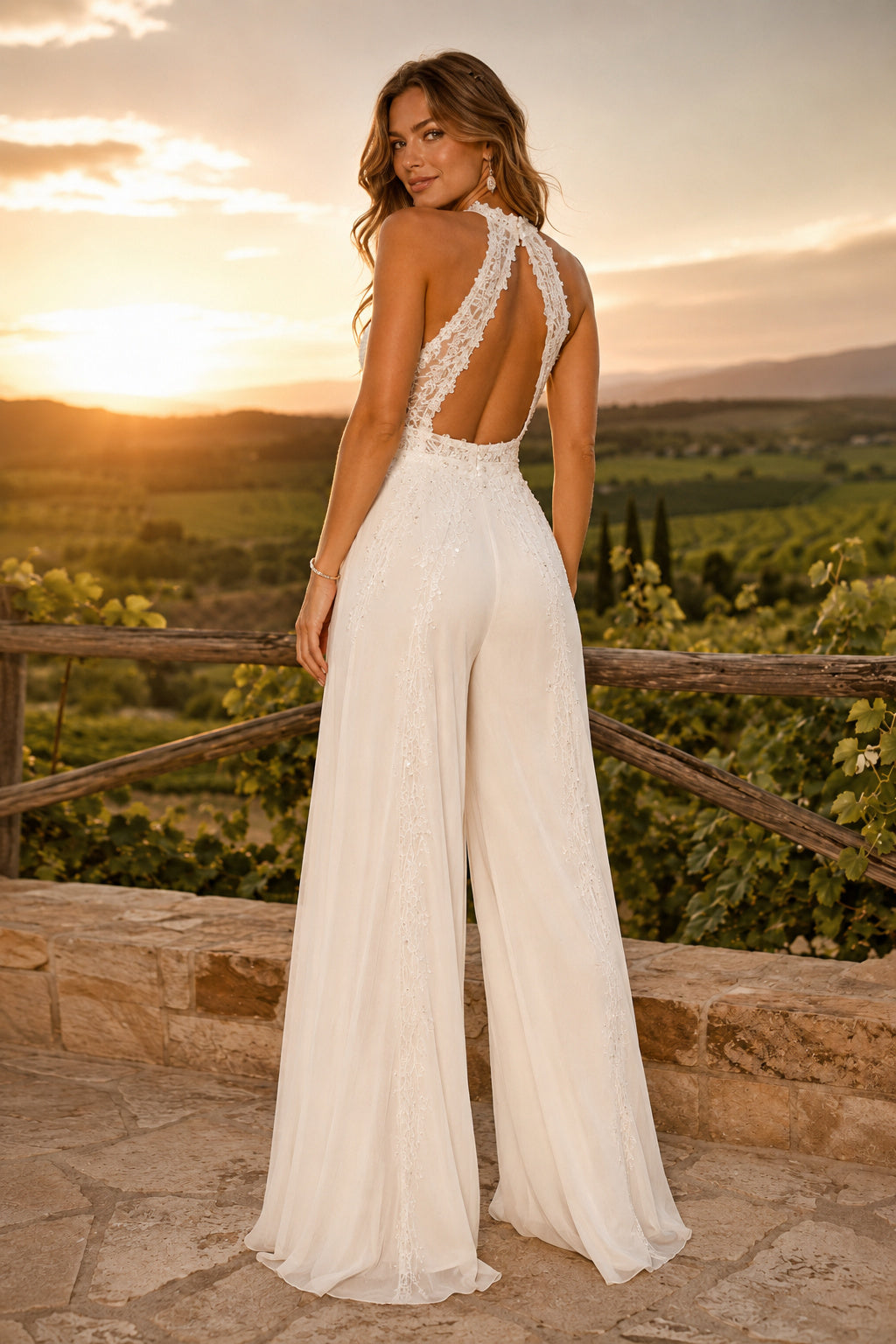Ivory Halter High Neck Sleeveless Lace Satin Floor-Length Bridal Jumpsuit with Lace Halter Bodice and Soft Wide Leg Pants bac