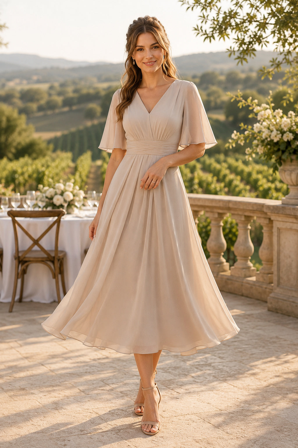 Champagne V-Neck Chiffon Tea-Length A-Line Dress front view