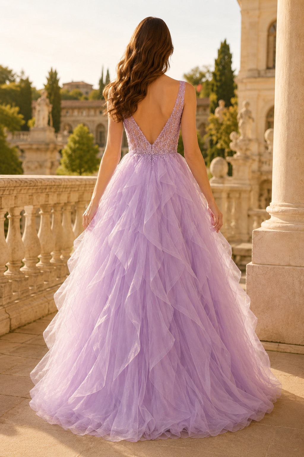 Plus Size Lavender A-Line Tulle Prom Dress with Applique Bodice and Layered Skirt back view
