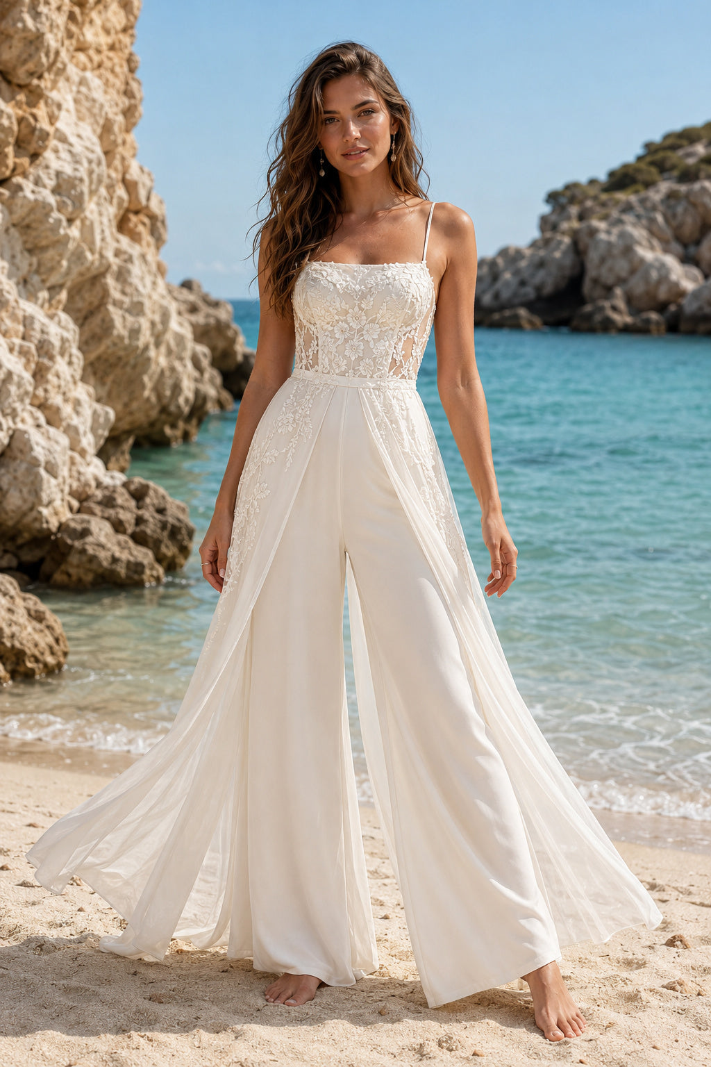 Ivory Spaghetti Strap Lace Bridal Jumpsuit with Split Tulle Skirt Overlay front view