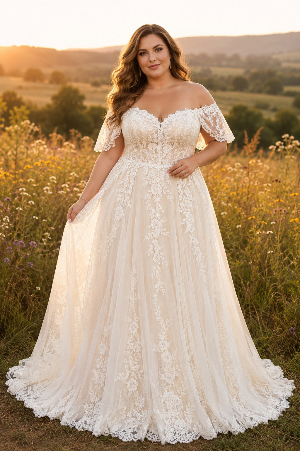 Plus Size Ivory Off-the-Shoulder Sweetheart Flutter Sleeve Lace Tulle A-Line Wedding Dress with Floral Lace Appliques and Cha