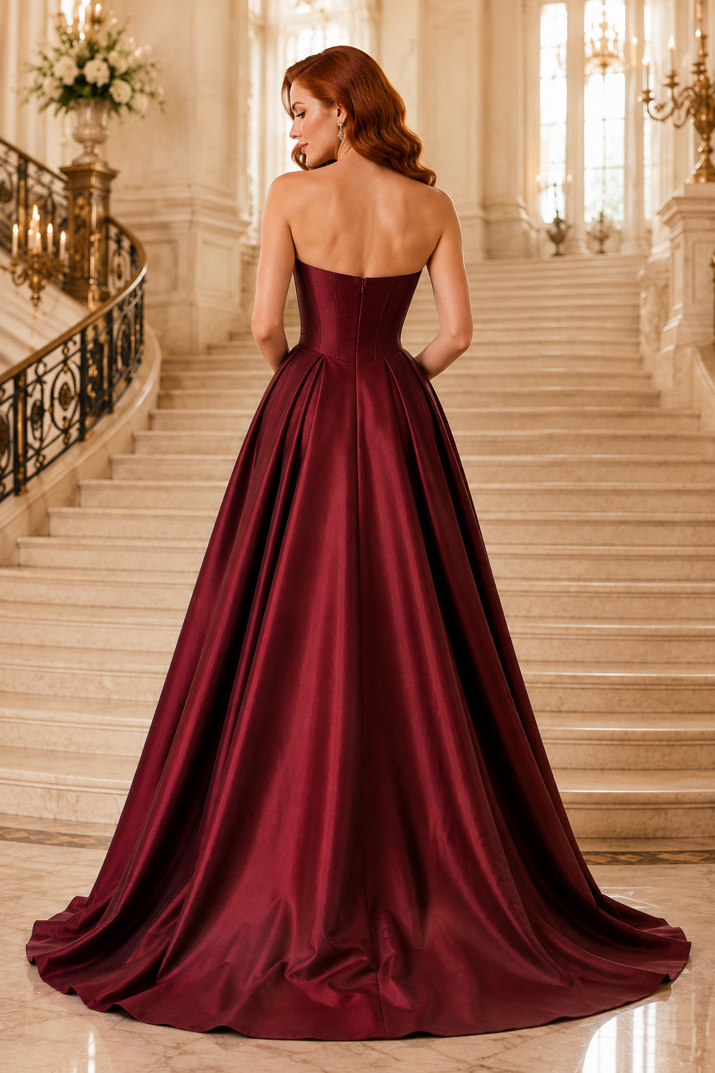 Burgundy strapless satin ball gown with structured bodice and full skirt Floor-length And Sweep/Brush Train Ball Gown Prom Dr
