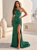Emerald One Shoulder Sequined High Slit Mermaid Dress front view