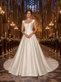 Scoop Neck Satin A Line Cathedral Train Classic Wedding Dress front view