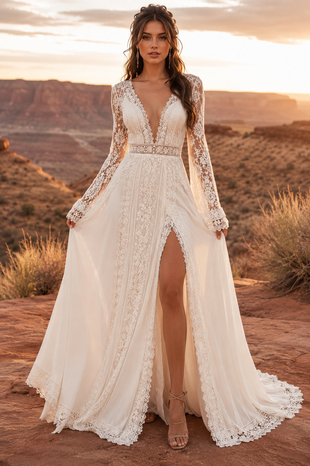 Ivory Long Sleeve V-Neck Lace Tulle A-Line Wedding Dress Split Train for Wedding Ceremony and Reception front view