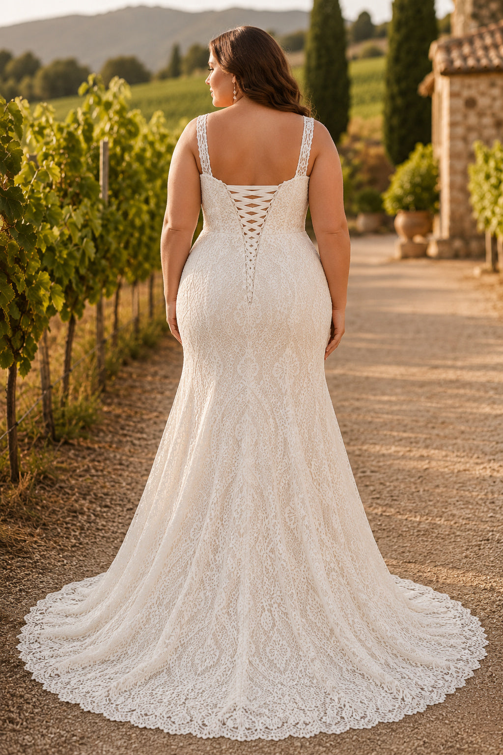 Ivory Plus Size Square Neck Lace Mermaid Wedding Dress with Straps and Corset Back Train back view