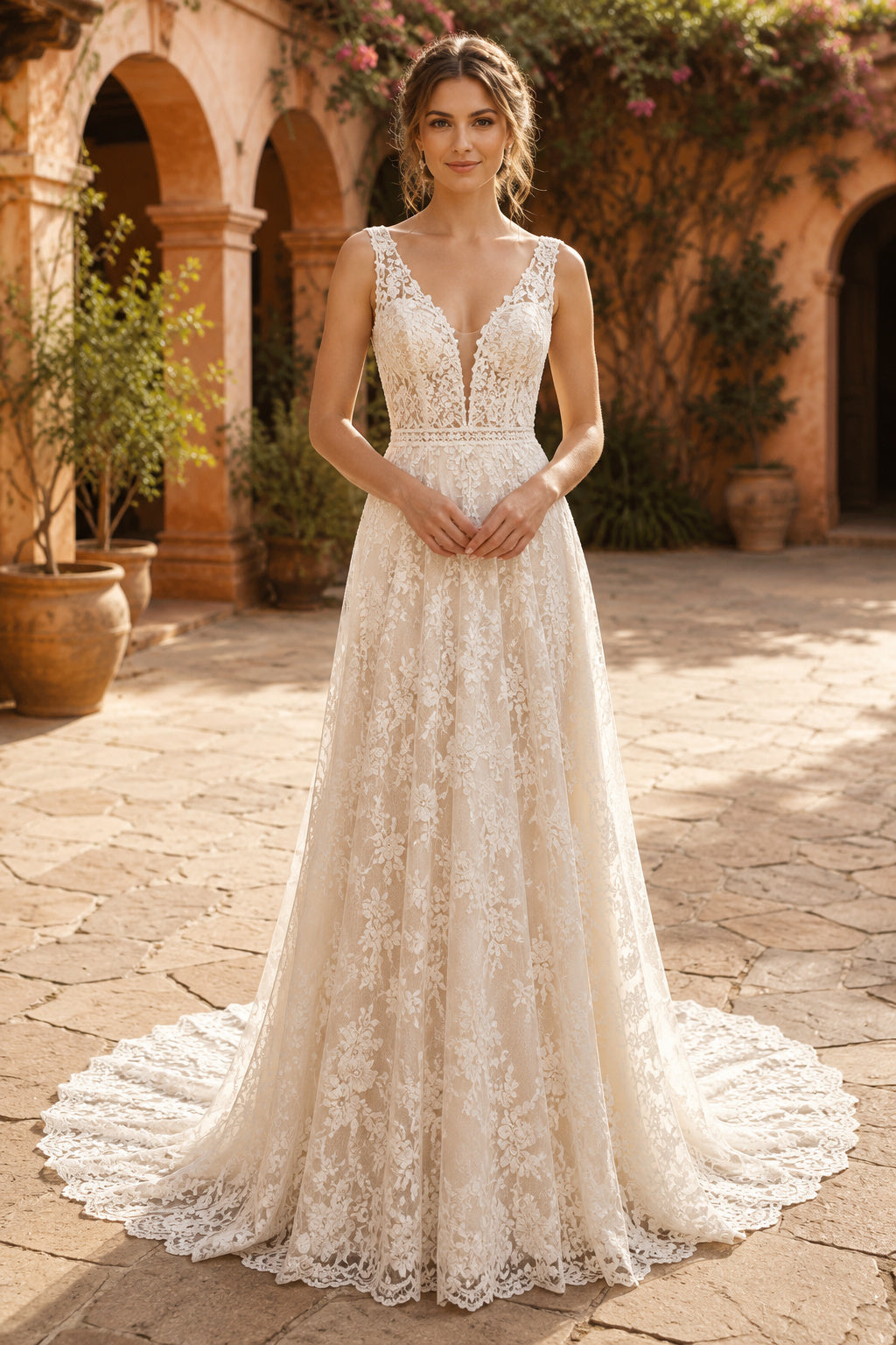 Ivory Strap V-Neck Lace A-Line Wedding Dress Chapel Train for Wedding Ceremony and Reception front view