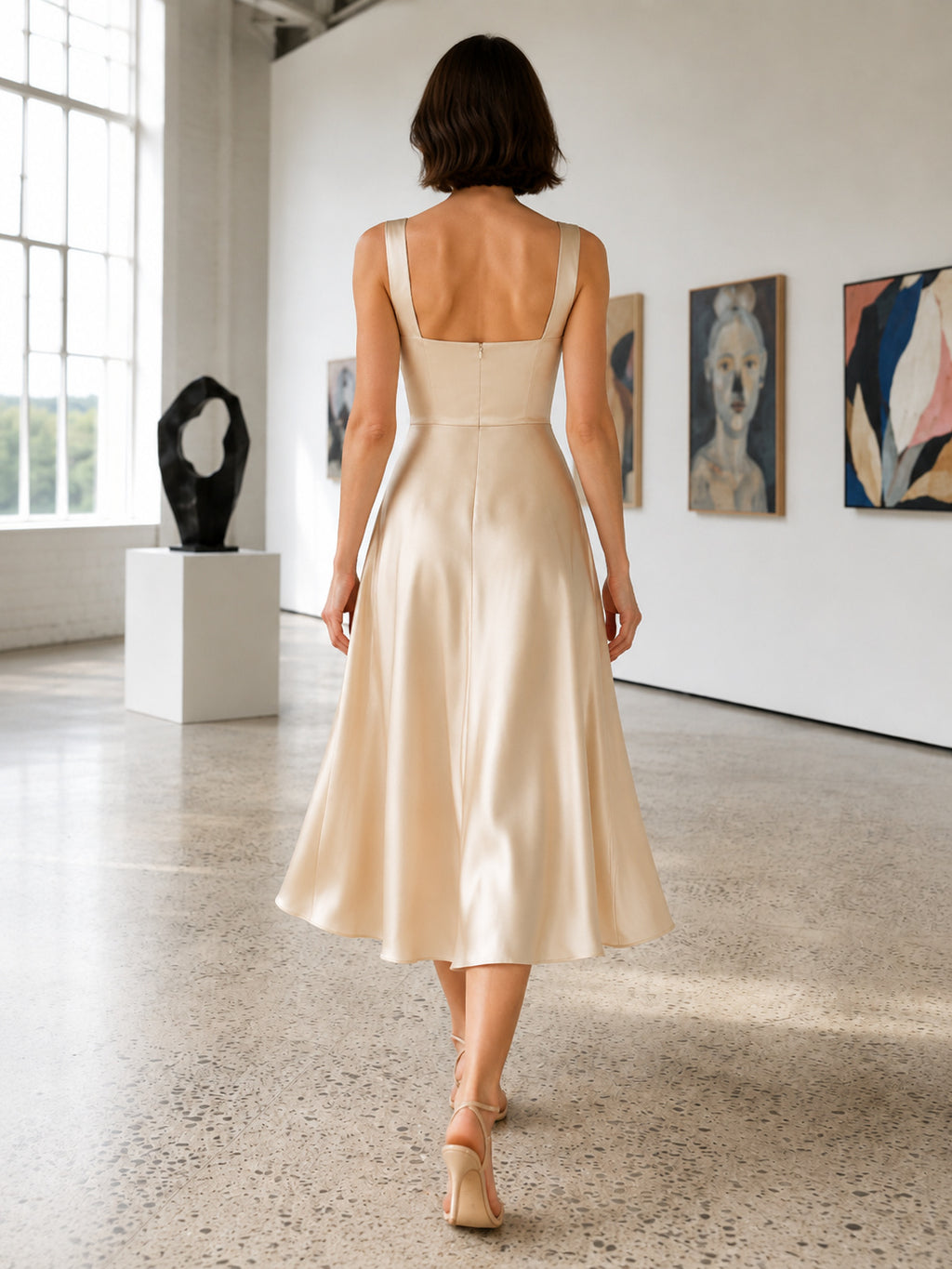 Ivory square neck satin A-line gallery graduation midi dress back view