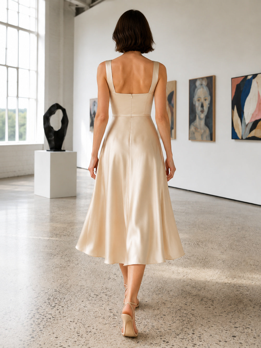 Ivory square neck satin A-line gallery graduation midi dress back view