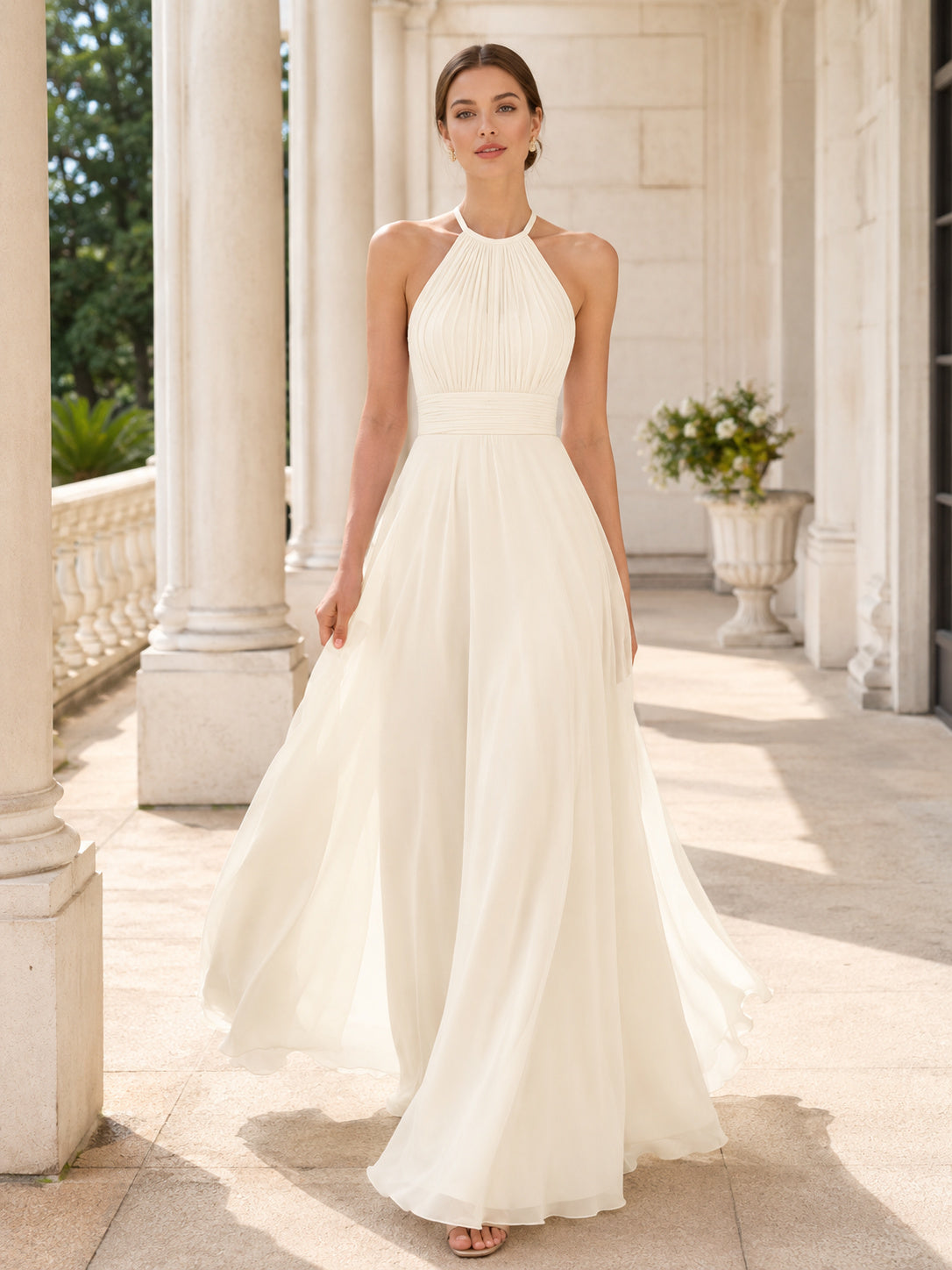 Pearl Halter Tulle A-Line Formal Dress front view