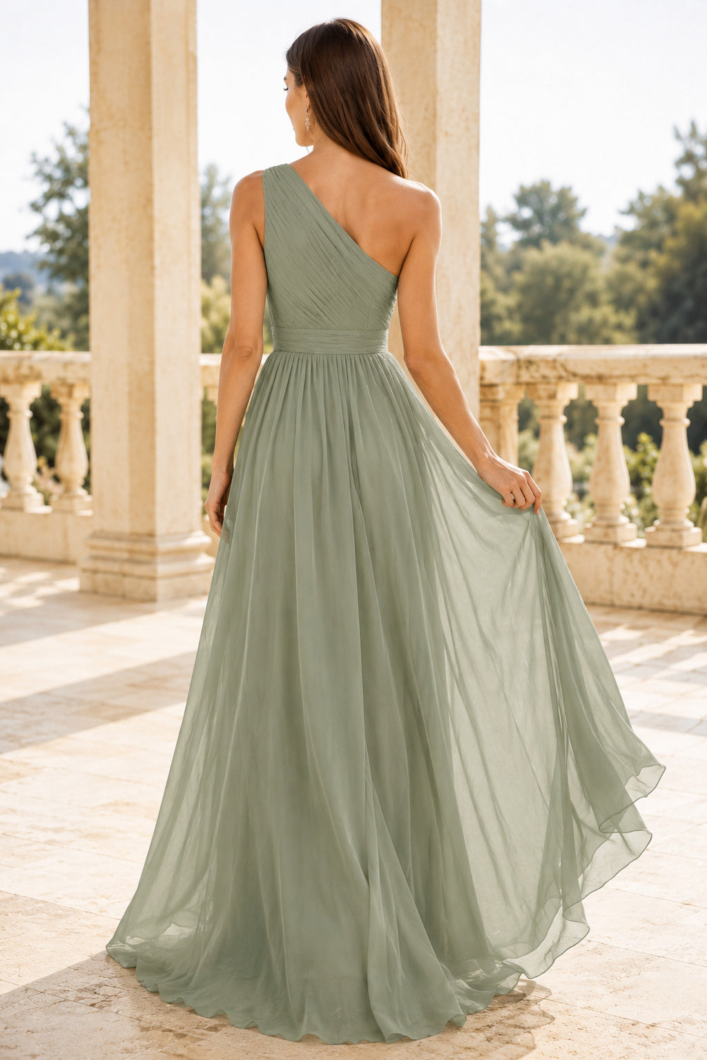Sage One-Shoulder Chiffon A-Line Bridesmaid Dress with Pleated Bodice and High Slit back view