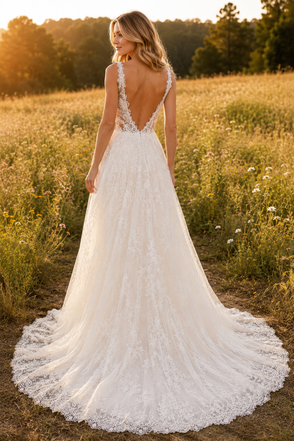 Ivory Plunging V-Neck Lace A-Line Wedding Dress with Straps and Sweep Train back view