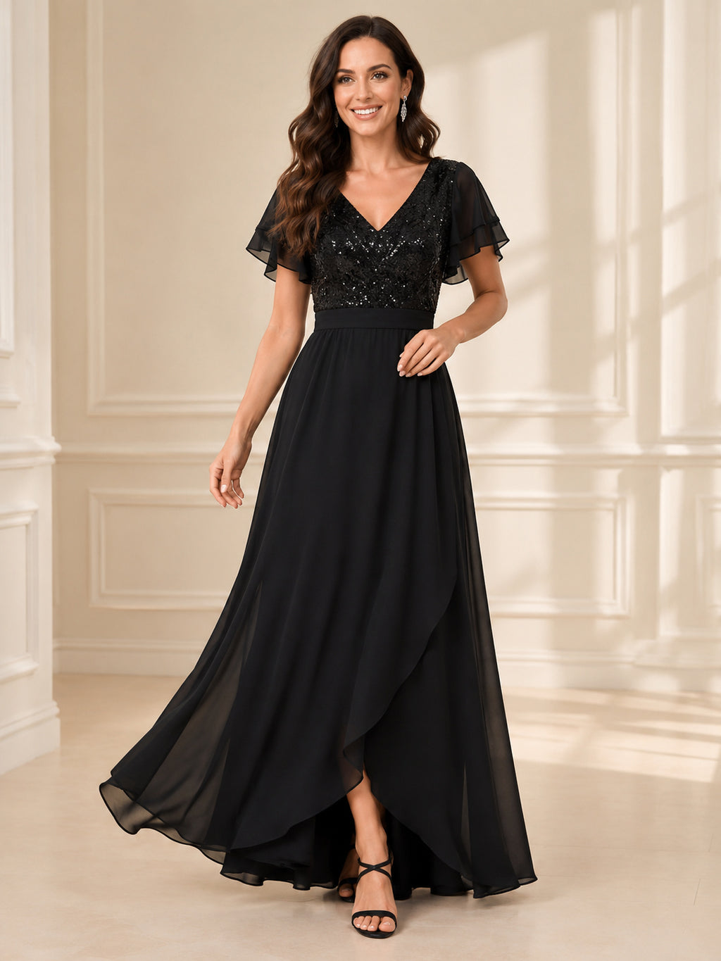 Black sequin bodice flutter sleeve chiffon A-line formal dress front view