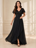 Black sequin bodice flutter sleeve chiffon A-line formal dress front view
