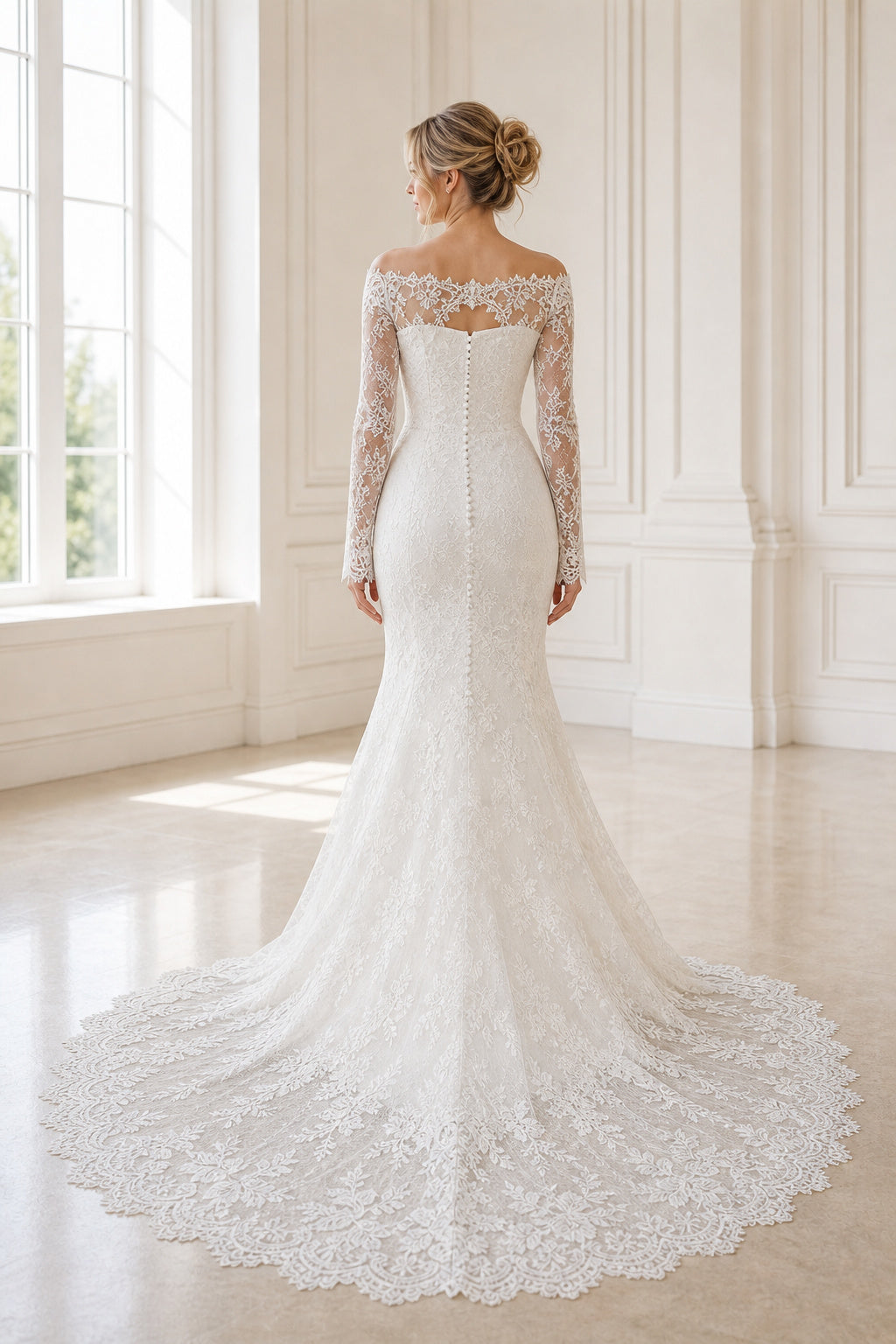 Champagne Bateau Three-Quarter Sleeves Mermaid Lace Floor-length Wedding Dress With Lace and Lace Bodice and Open Back