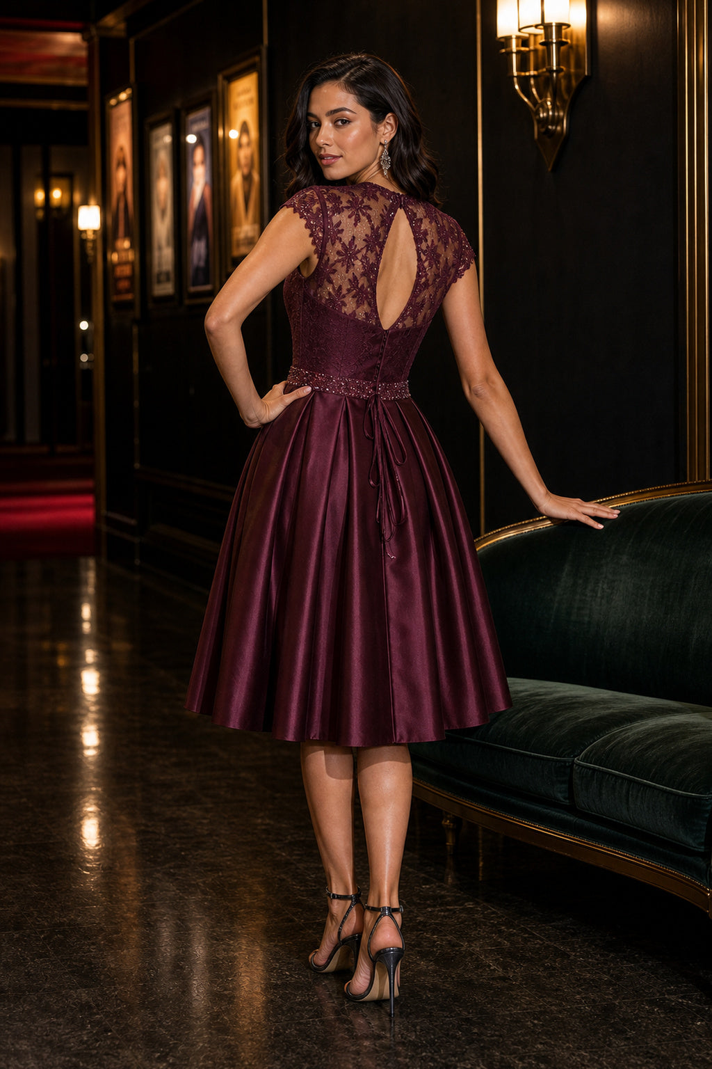 Burgundy Illusion Cap Sleeve A-Line Satin Tea-Length Dress With Lace Bodice