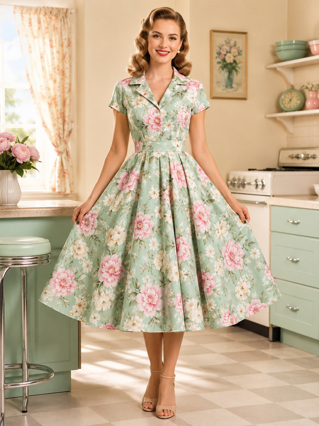 Fifties Mint Floral Shirt Collar Retro Swing Occasion Dress front view