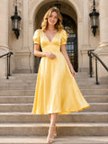 Yellow Puff Sleeve V Neck Satin Tea Length Wedding Dress front view