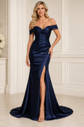 Dark Navy off the shoulder satin mermaid gown with ruched waist and thigh slit Floor-length And Sweep/Brush Train Mermaid Tru