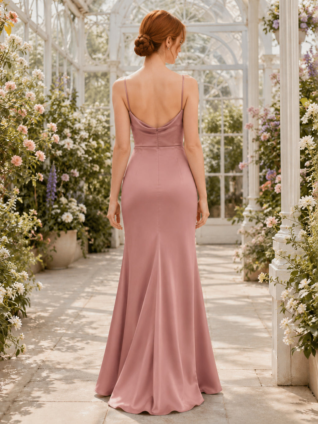 Dusty Rose Garden Sheath Satin Bridesmaid Dress with Sleeveless Cowl Neck Spaghetti Strap Bodice, Ruched Floor-Length Skirt a