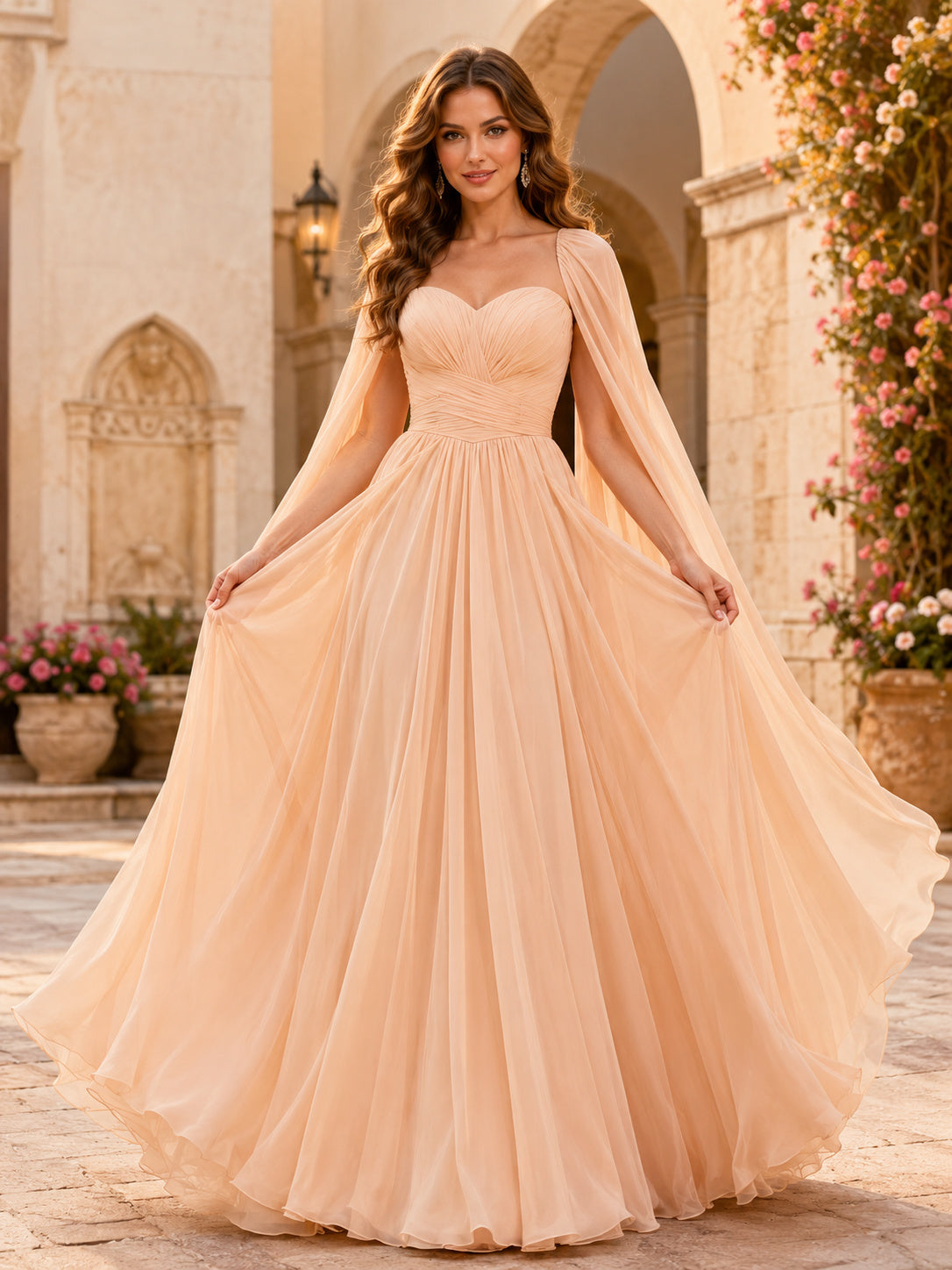 Champagne Romantic Sweetheart Long Cape Sleeve Chiffon Quinceanera Formal A-Line Gown front view