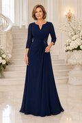 Dark Navy Notched Neck Mother Dress with Three Quarter Sleeves and Waist Applique front view