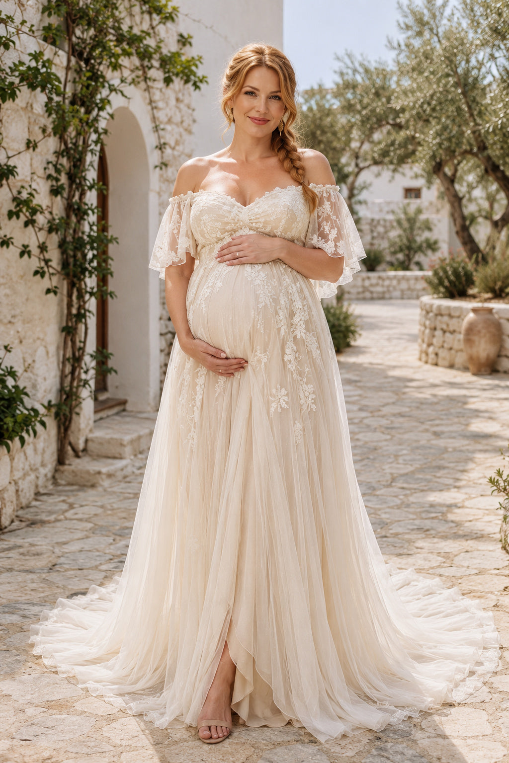 Ivory Off-the-Shoulder Lace Maternity Wedding Dress with Front Slit front view