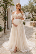 Ivory Off-the-Shoulder Lace Maternity Wedding Dress with Front Slit front view