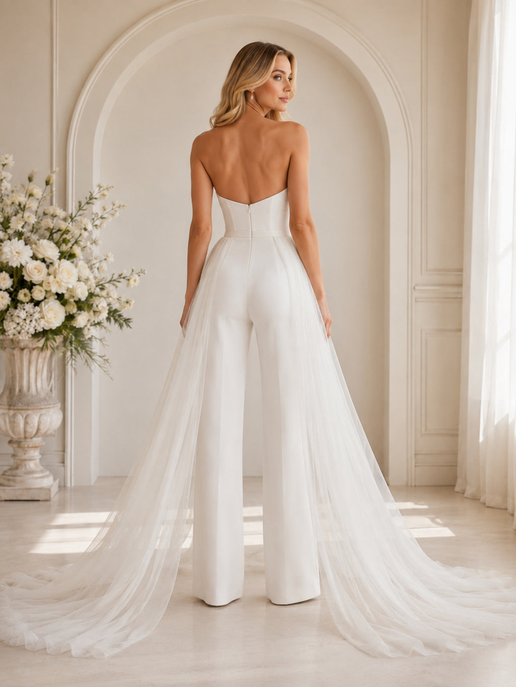 Modern Strapless Sweetheart Satin Wide Leg Chiffon Cape Train Bridal Wedding Jumpsuit back view