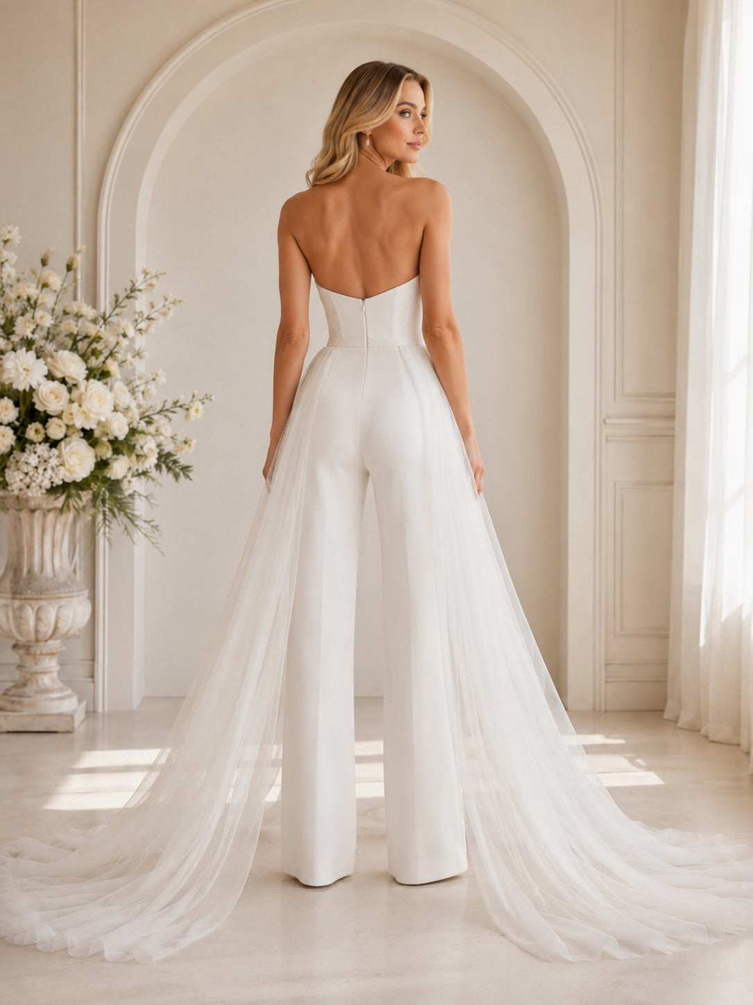 Modern Strapless Sweetheart Satin Wide Leg Chiffon Cape Train Bridal Wedding Jumpsuit back view