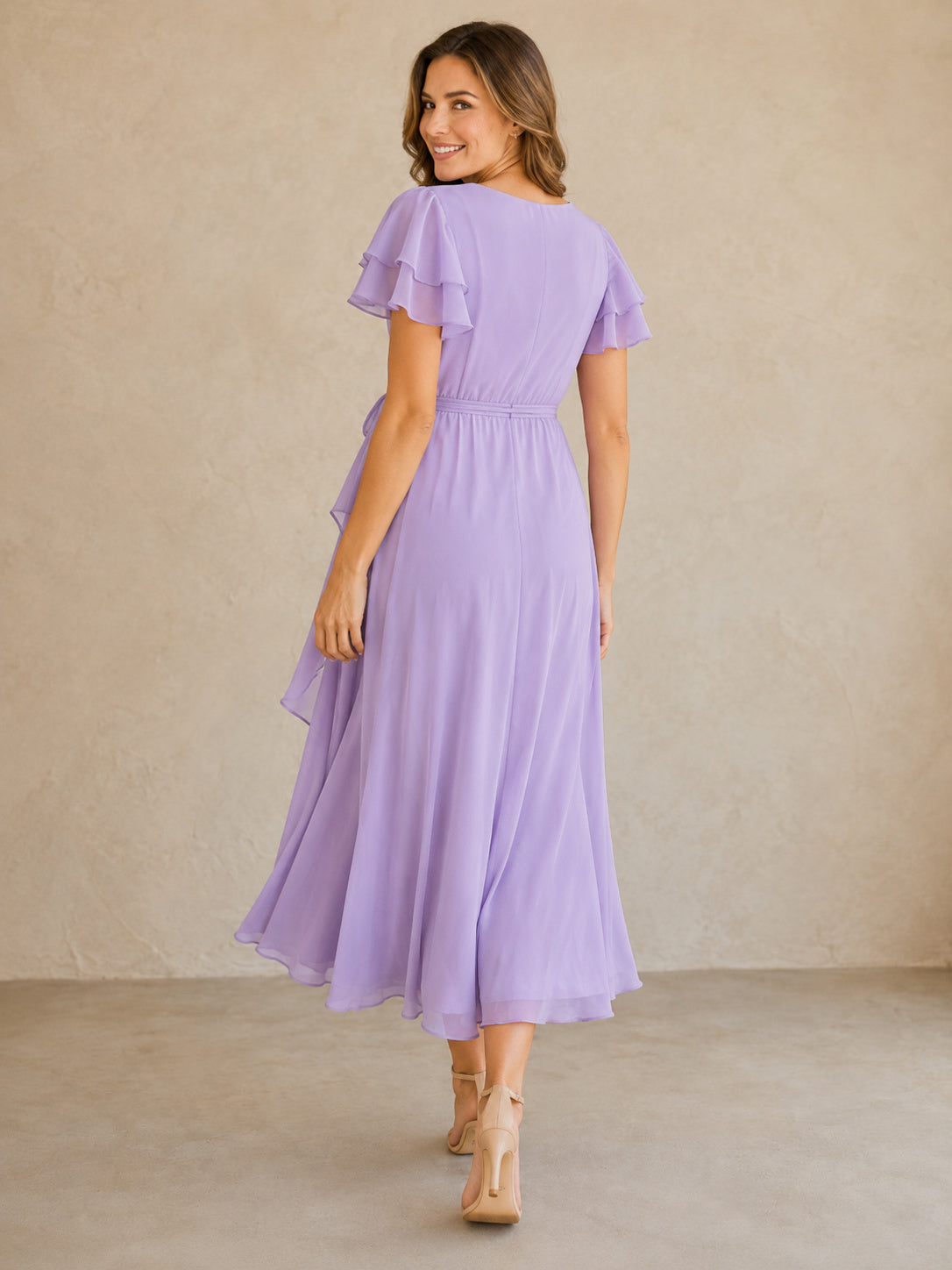 Lilac Maternity Wrap V-Neck Flutter Sleeve Asymmetrical Chiffon Tea Dress back view