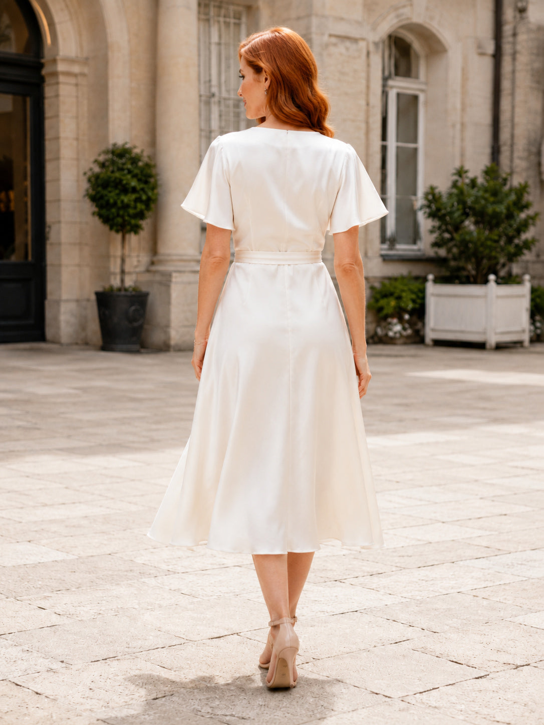 Mairie V Neck Flutter Sleeve Ruched Chiffon A-Line Tea Civil Wedding Dress back view