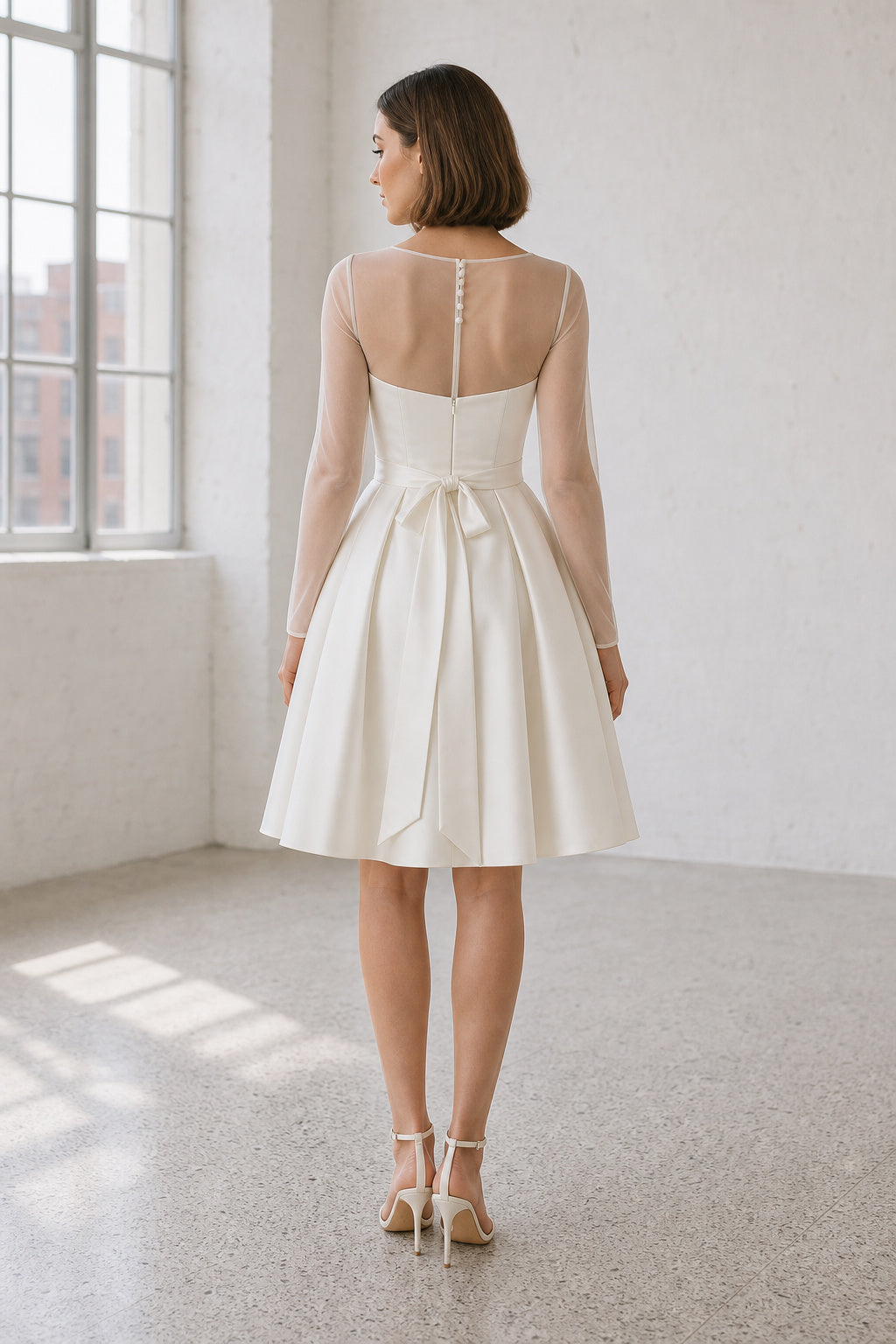 Ivory Illusion Mermaid Satin Tea-length Dress With Bow and Pleats