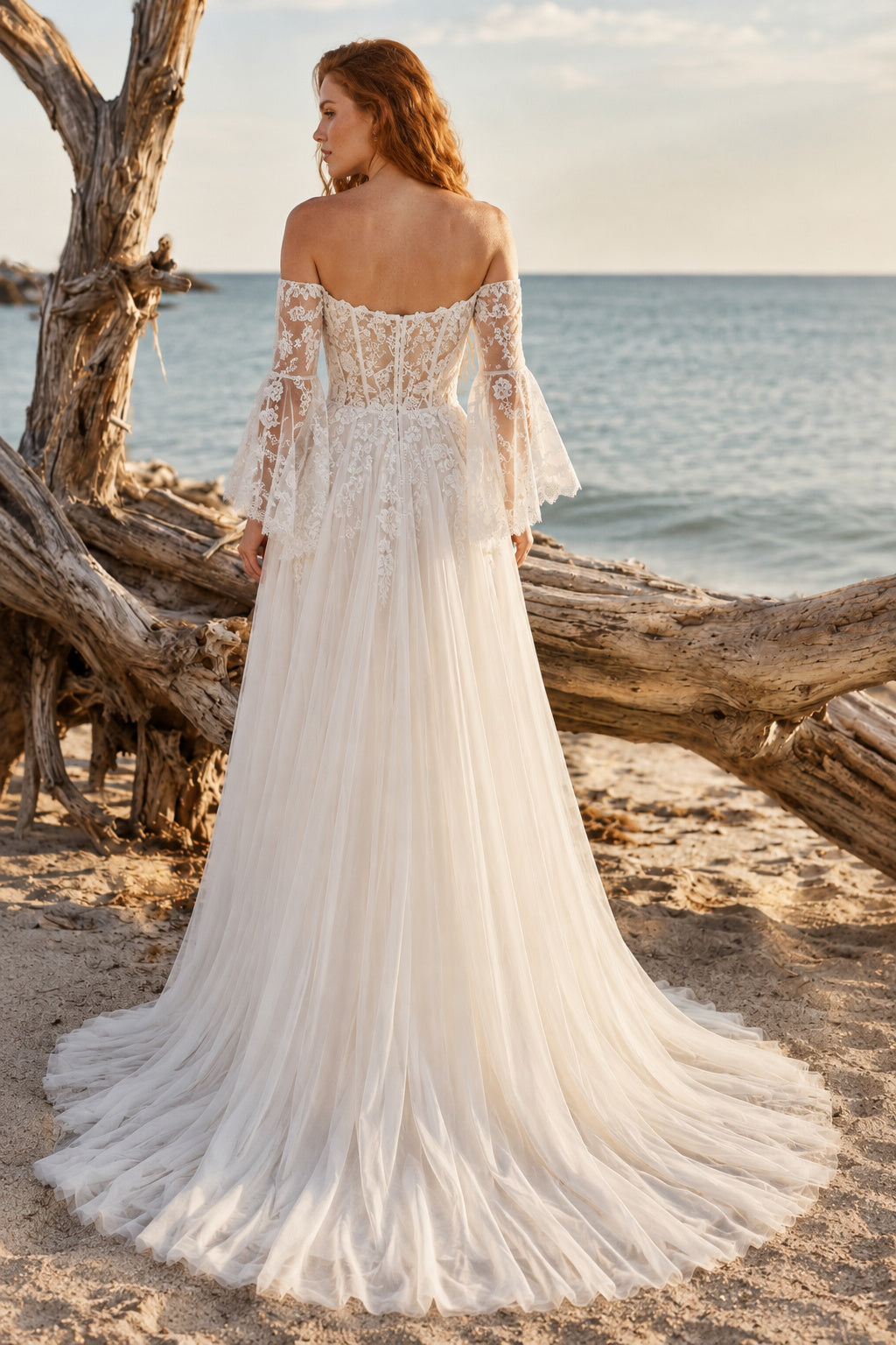 Ivory Off Shoulder Bell Sleeve Lace Tulle A-Line Wedding Dress Train for Bridal Ceremony and Reception back view