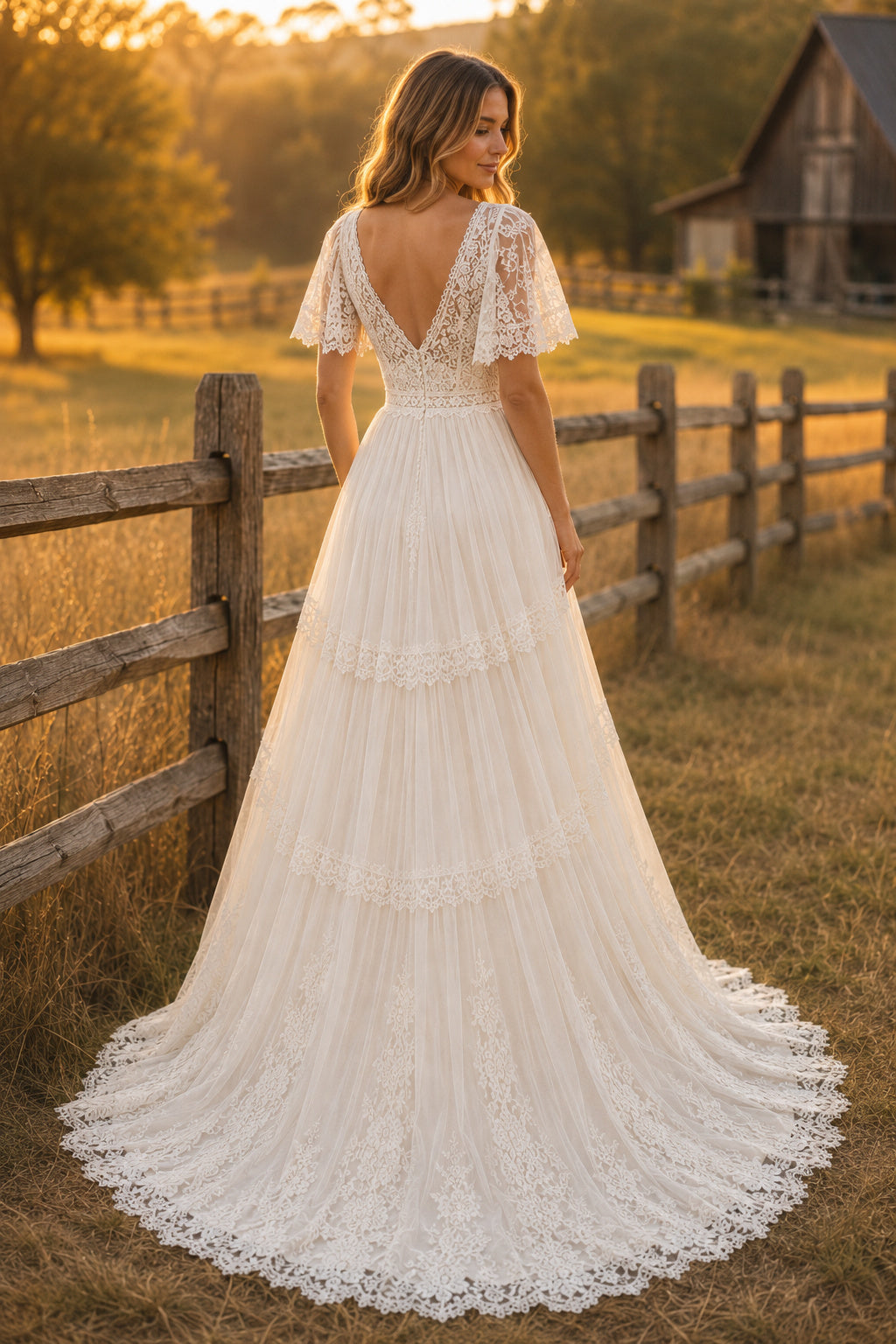 Ivory Flutter Sleeve Tiered Lace A-Line Boho Wedding Dress with V-Neck and Chapel Train back view