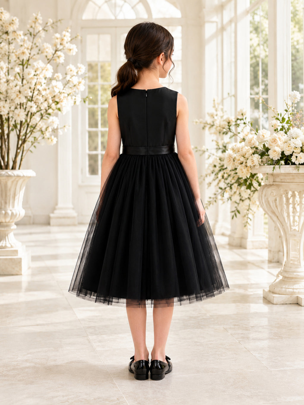 Black Simple A-Line Tulle Flower Girl Dress Sleeveless Jewel Neck Tea-Length back view