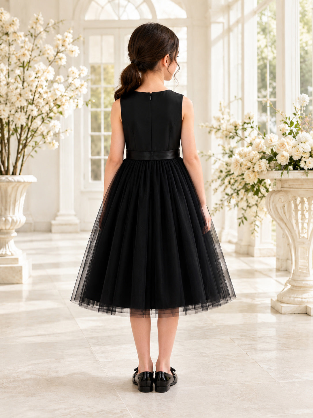 Black Simple A-Line Tulle Flower Girl Dress Sleeveless Jewel Neck Tea-Length back view