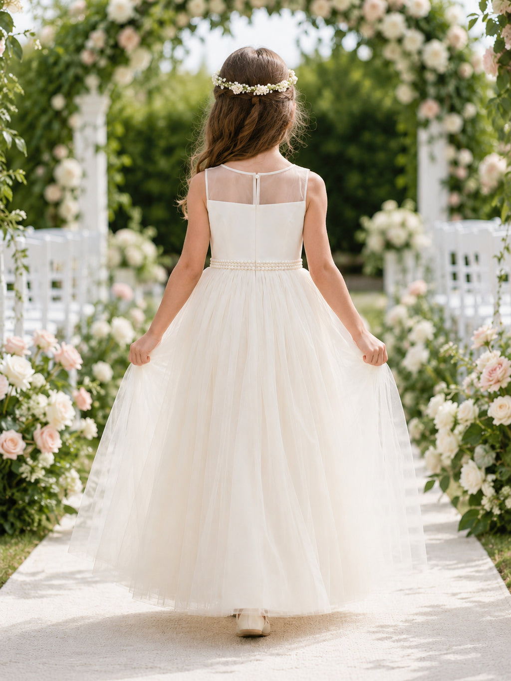 Ivory Sleeveless Tulle Flower Girl Dress With Waistband back view
