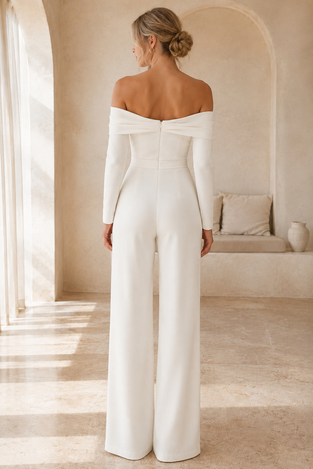 Ivory Off-the-Shoulder Long Sleeve Bridal Jumpsuit with Belted Waist back view