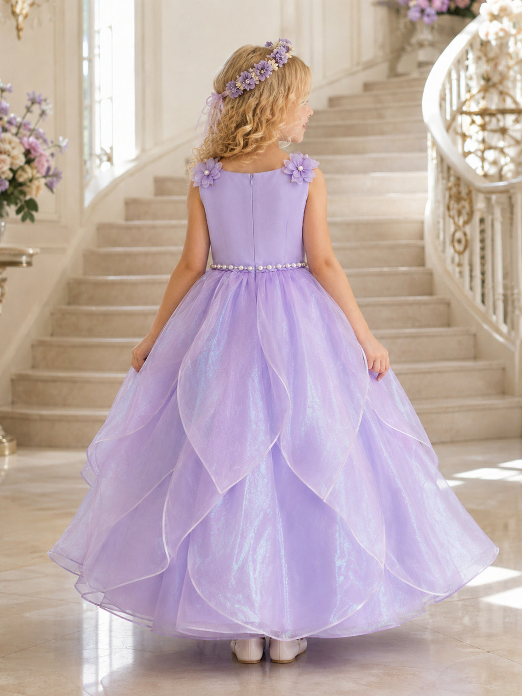 Flower Girl Dress A-Line Lavender Organza Petal Tulle Sleeveless Party back view
